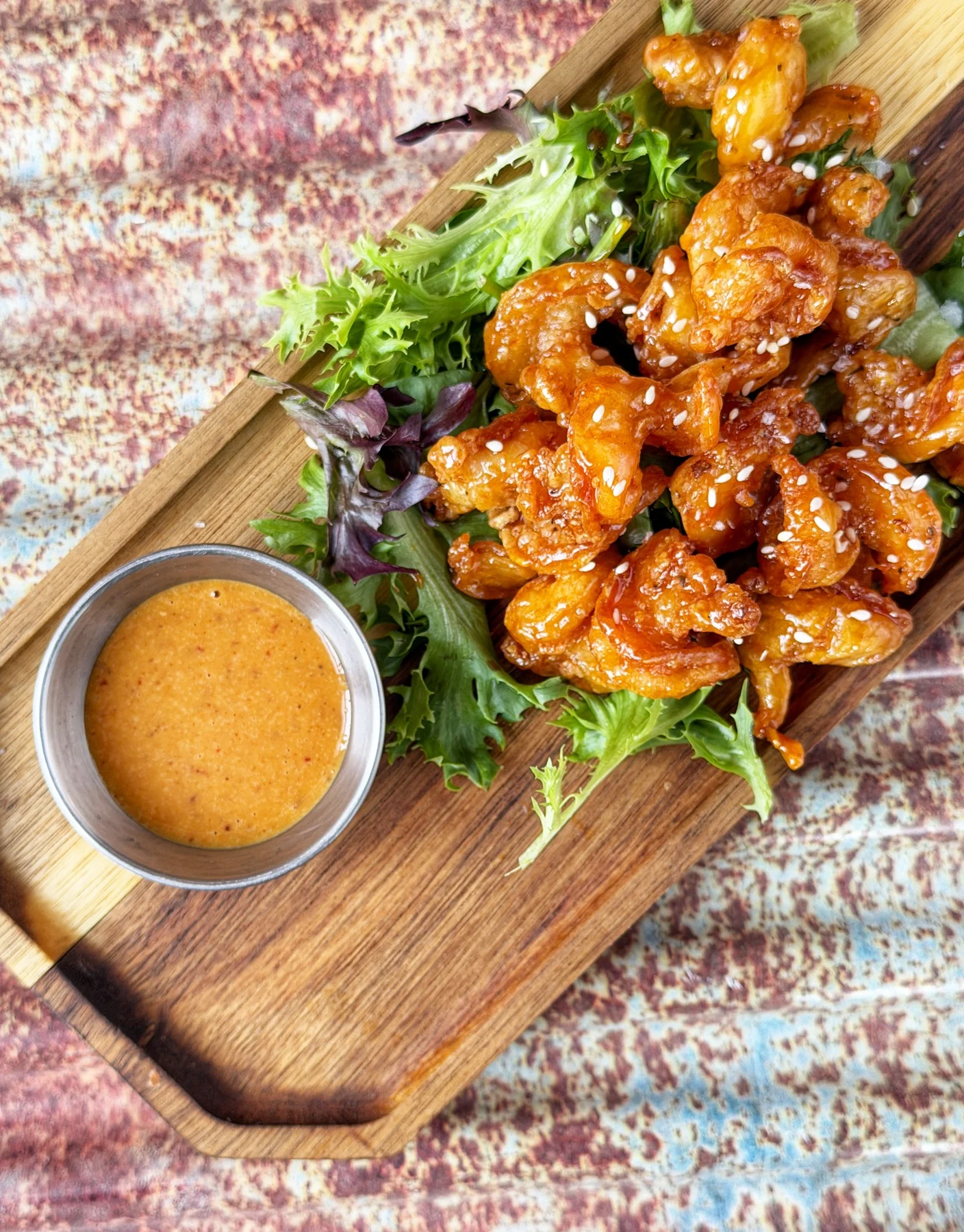 Butterflied Honey Garlic Shrimp served with Seth’s spicy garlic aioli.